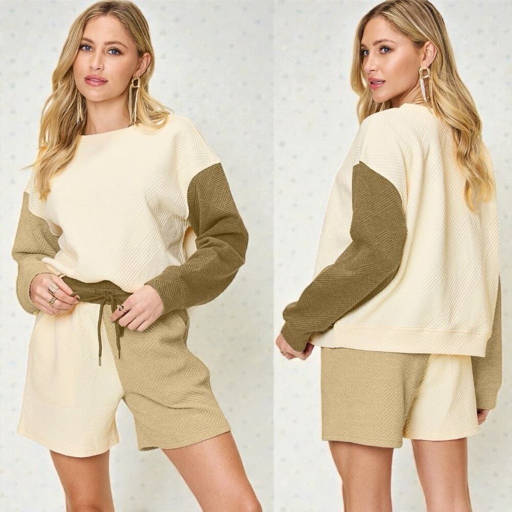 Khaki Contrast Color Block Long Sleeve Top & Shorts Lounge Set NWT - Picture 2 of 12